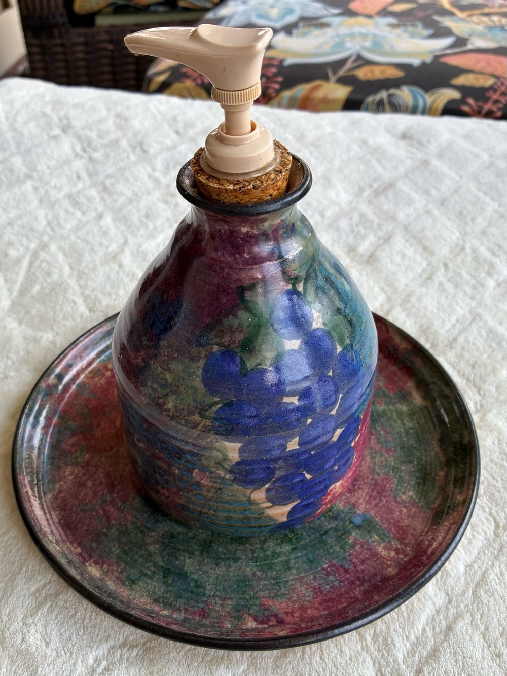 Malsnee Pottery Signed 2000 Multi Color Round Plate And Soap Dispenser